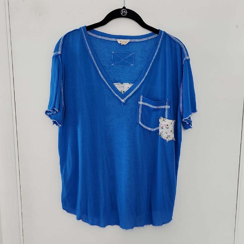 Pol Bright Blue Patchwork Pocket Tee - image 1